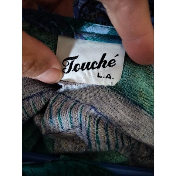 3499)Vtg Touche Blue Purple Aqua Hand Drawn Button Up Short Sleeve Blouse XL? - Picture 6 of 6